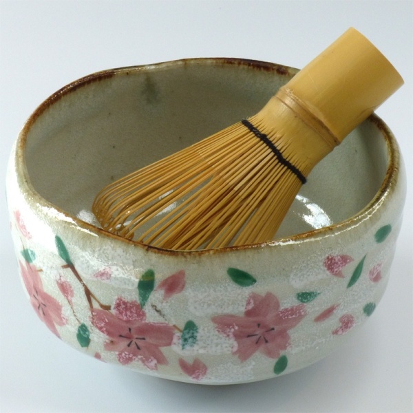 Sakura design Japanese matchawan tea bowl and bamboo chasen whisk