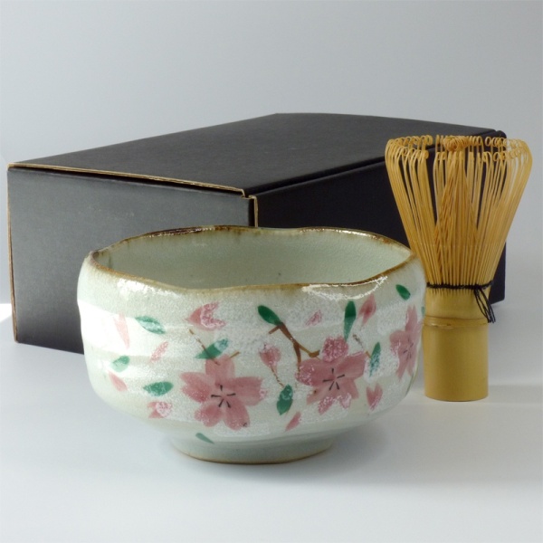 Sakura matchawan tea bowl and chasen whisk set with gift box