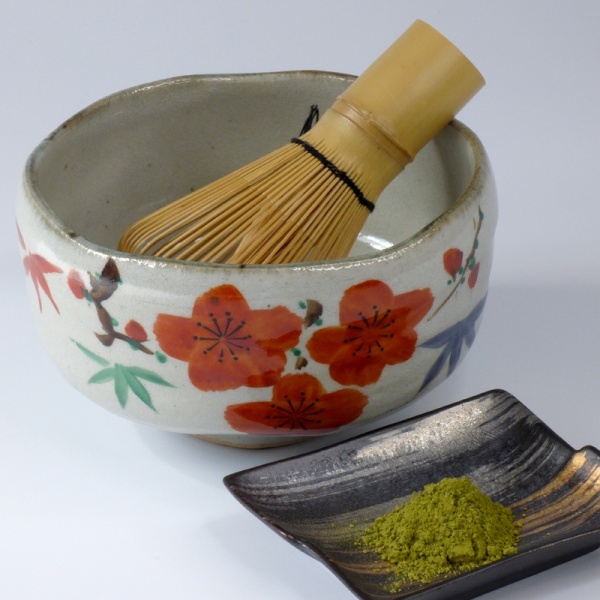 Blossom design Japanese matchawan tea bowl and bamboo chasen whisk