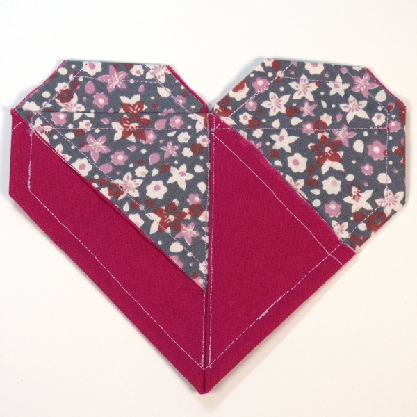 Origami Heart fabric coaster in grey and berry pink