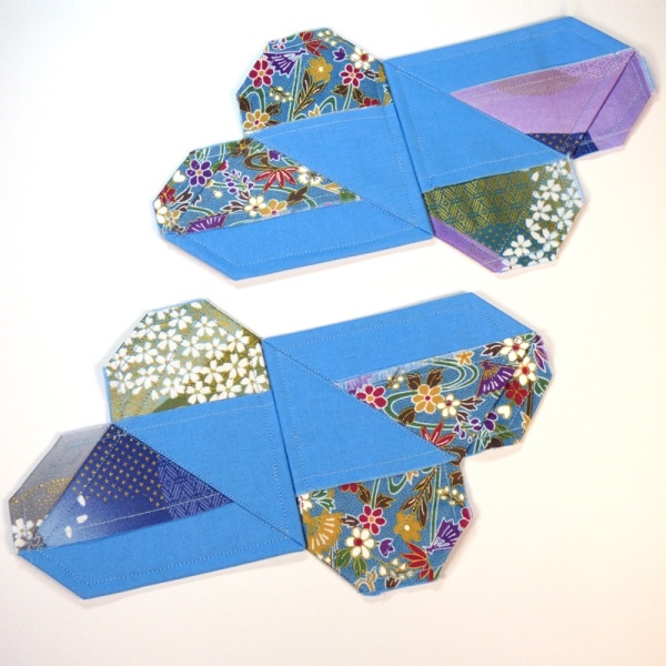 Set of 4 Origami Heart shaped Japanese fabric coasters in blue Mountain River colours