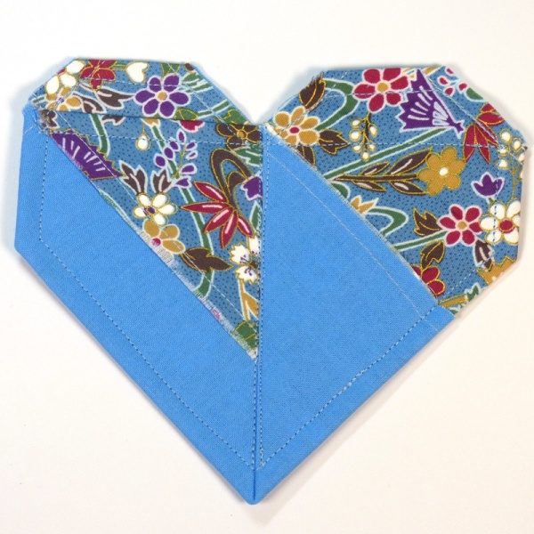 Origami Heart shaped Japanese fabric coaster in blue Mountain River colours