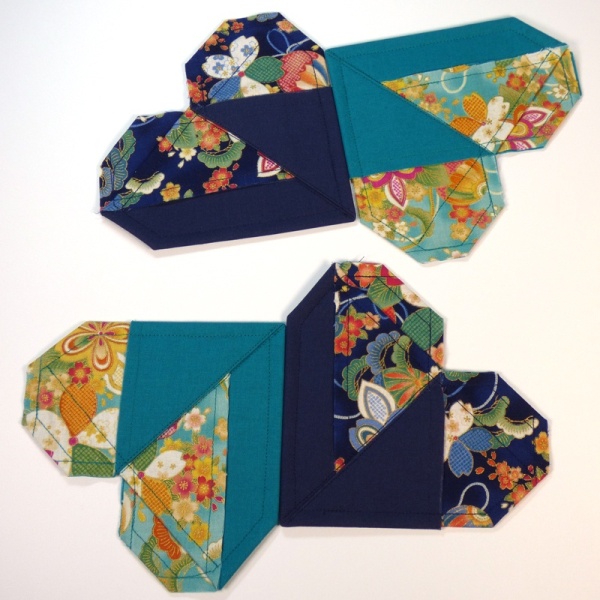 Set of 4 Origami Heart shaped Japanese fabric coasters in vibrant Japanese design fabric