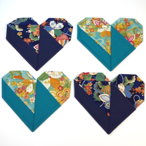 Set of 4 Origami Heart shaped Japanese fabric coasters in blues and turquoise