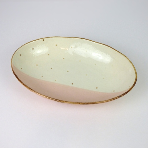 Pink and white oval curry plate