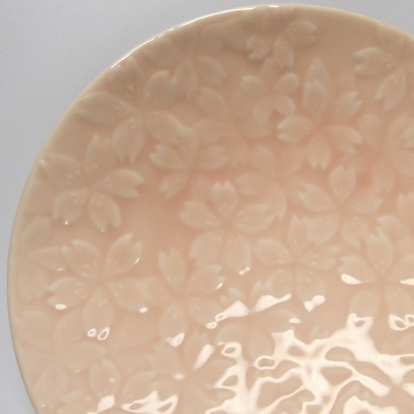 Close up of relief cherry blossom design on ceramic plate