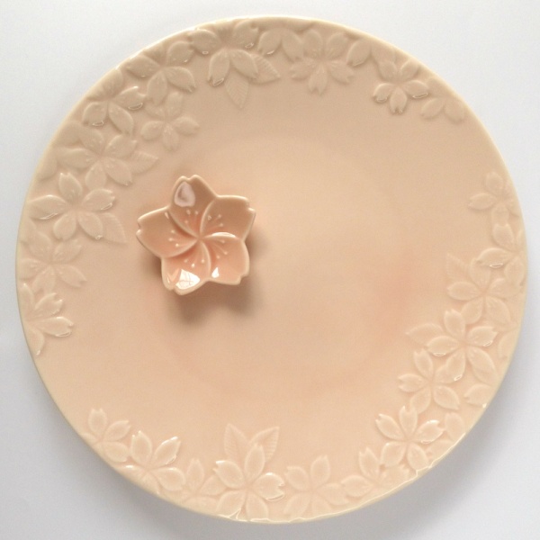 Pale pink cherry blossom plate with cherry blossom chopstick rest