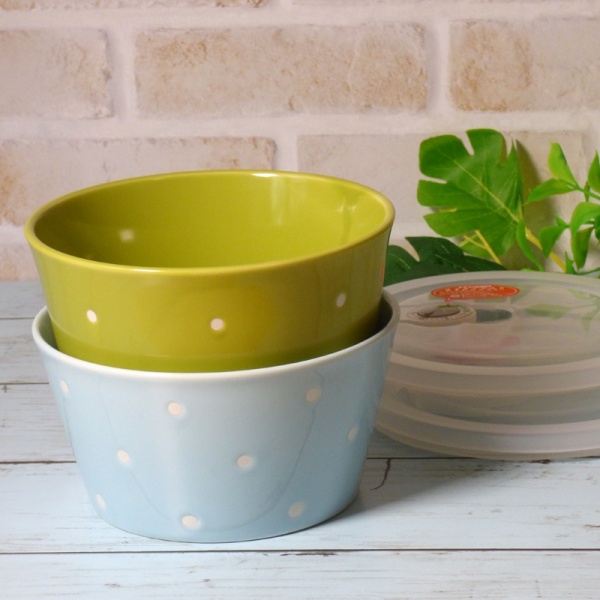 Blue and green ceramic food storage dishes