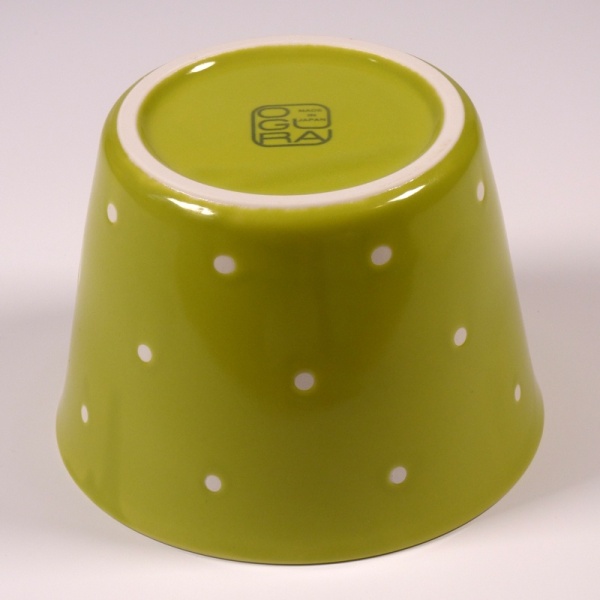 Large ceramic food storage container & microwave dish in fresh green with polka dot pattern