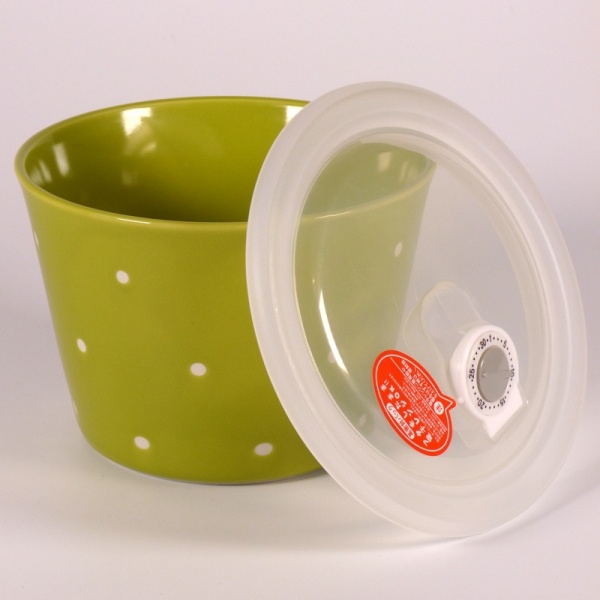 Large ceramic food storage container & microwave dish in fresh green with polka dot pattern