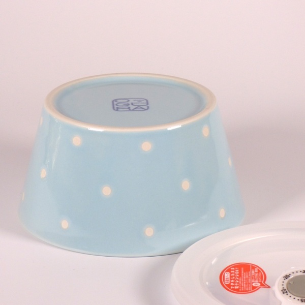 Medium ceramic food storage container & microwave dish in pale blue with polka dot pattern