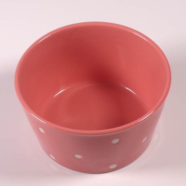 Inside surface of Small pink ceramic food storage and microwave dish