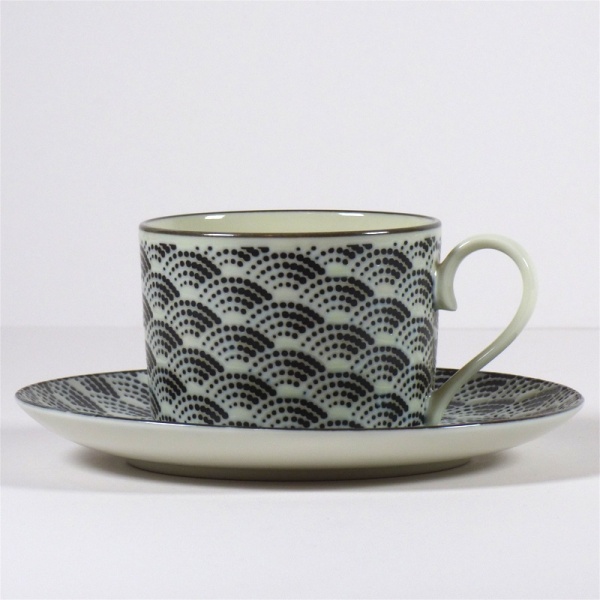 Monochrome Qinghai wave pattern coffee cup with saucer