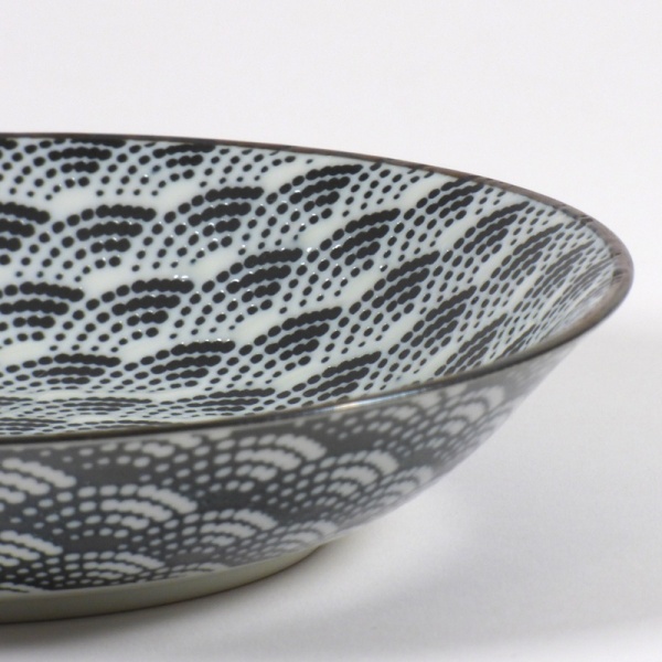 Monochrome Qinghai wave pattern shallow bowl close up