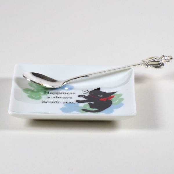 Square 'Ribbon Cat' mini plate with teaspoon