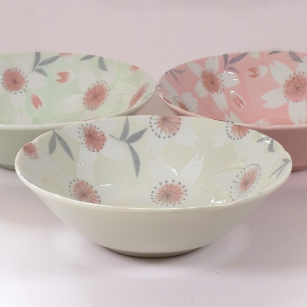 Three 'Sakura Temari' bowls in cream, pink and green
