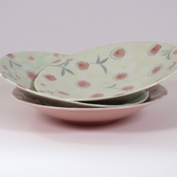 Three 'Sakura Temari' bowls in cream, pink and green