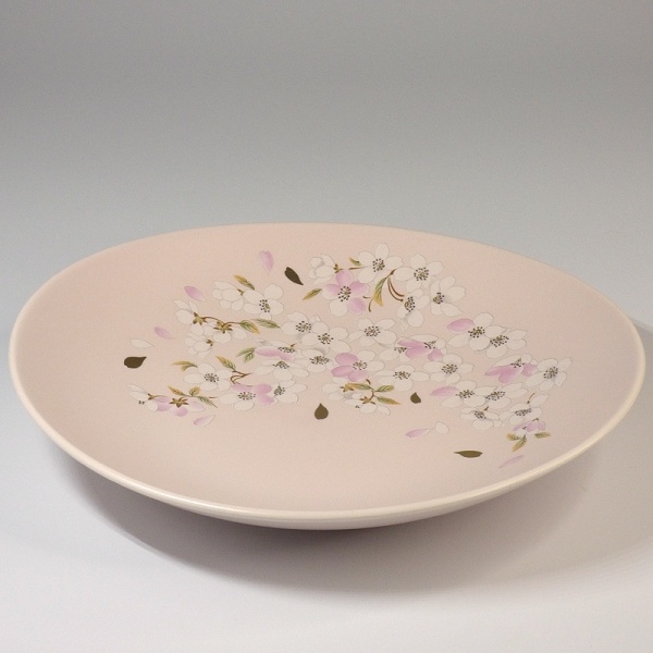 Pale pink oval serving plate with pink and gold cherry blossom decoration