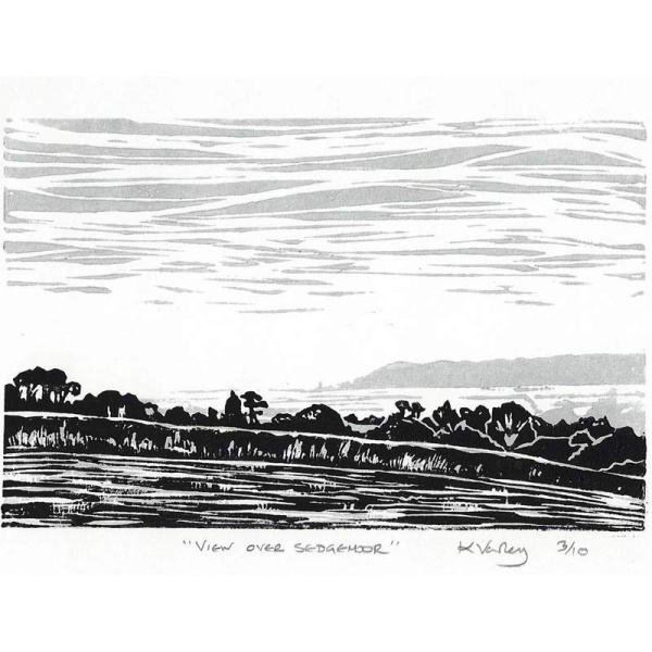 Linocut print by Kim Varley - 'View Over Sedgemoor'