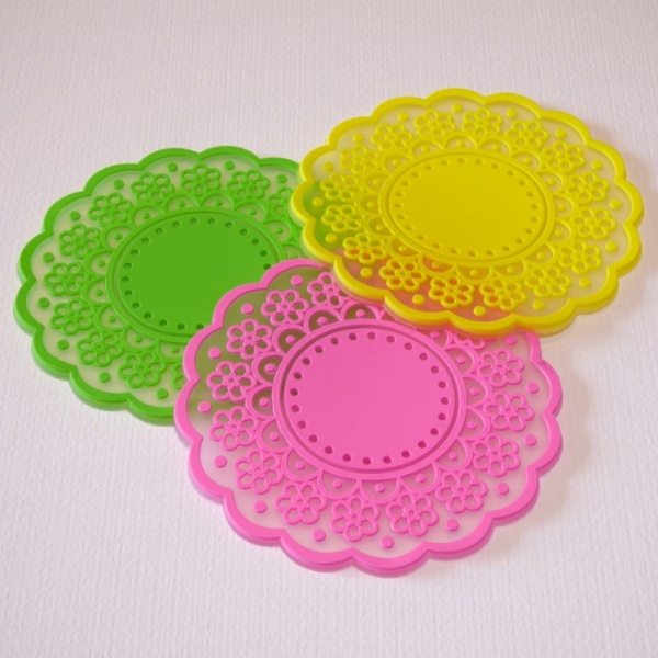 Silicone lace pattern coaster - green, yellow and pink