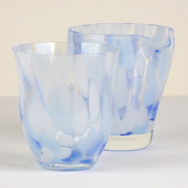 Blue 'Sora' glass tumbler and matching glass jug
