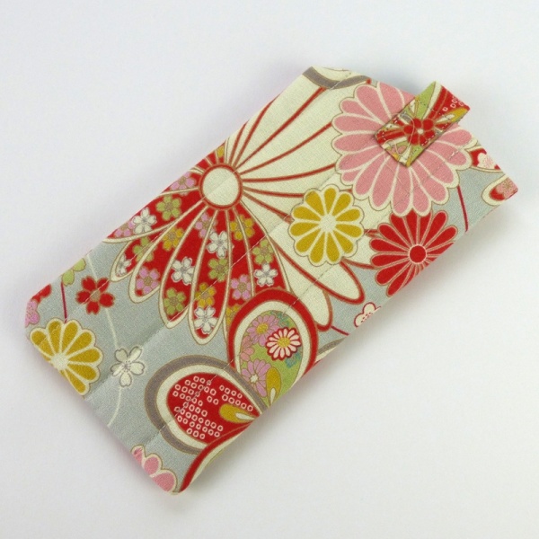 Sunglasses case in pale grey traditional Japanese floral fabric reverse side