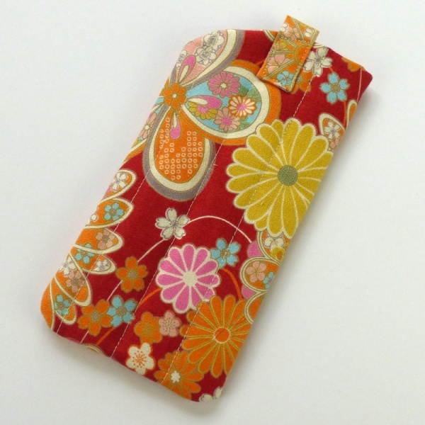 Sunglasses case in red traditional Japanese floral fabric reverse side