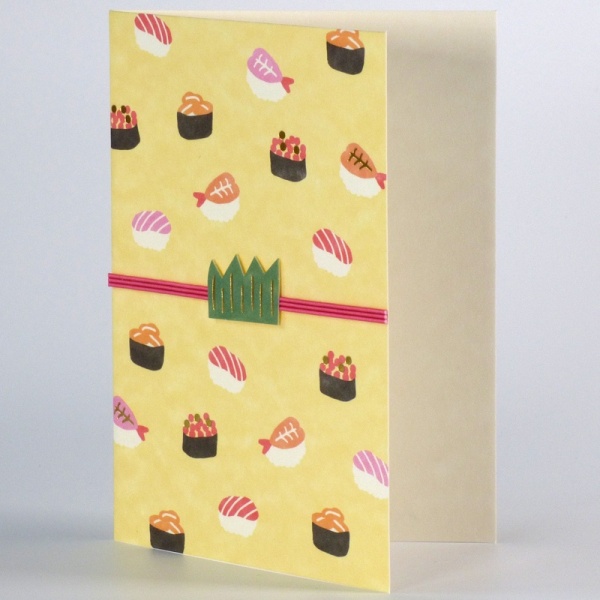 Japanese blank greetings card with sushi design and decorative 'mizuhiki' cord