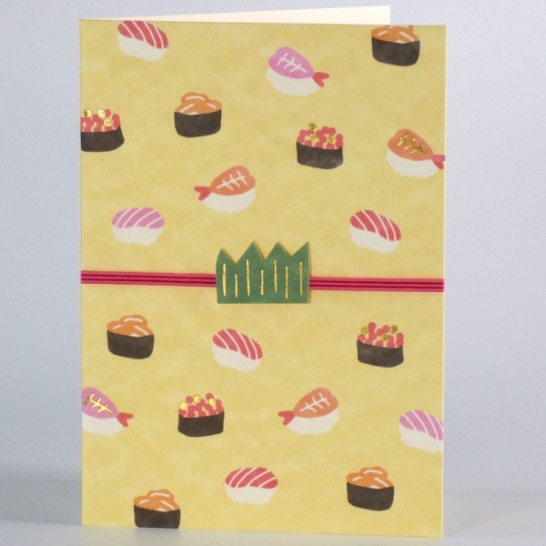 Japanese blank greetings card with sushi design and decorative 'mizuhiki' cord