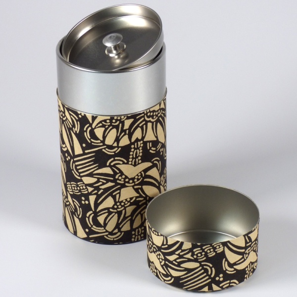 Japanese metal tea caddy with black and beige washi paper covering