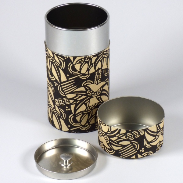 Japanese metal tea caddy with black and beige washi paper covering