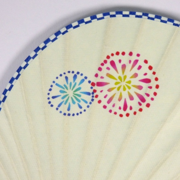 Close up of reverse side of Japanese fan showing simplified fireworks graphic