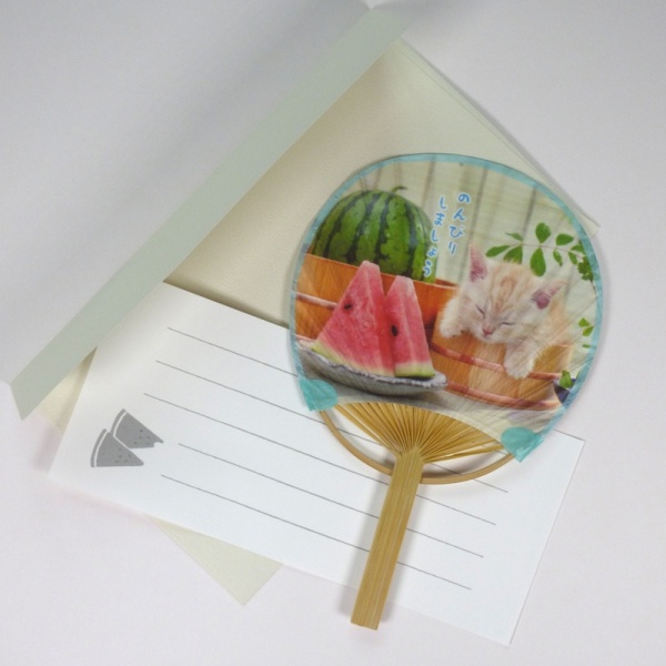 Kitten and watermelon design Japanese fan with matching envelope and notelet