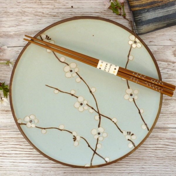 Pale blue plum blossom plate with chopsticks
