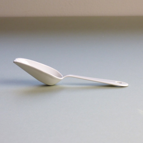 White enamel measuring mini scoop side view