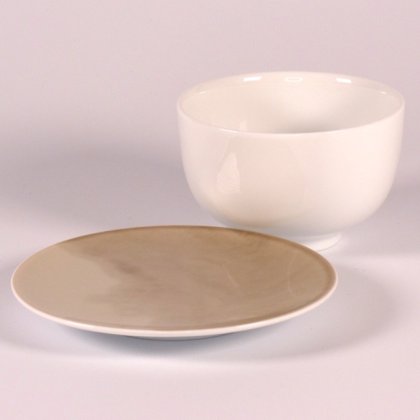 White Japanese tea bowl with grey mini plate
