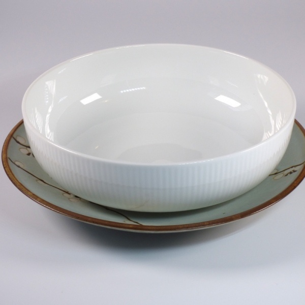 White Japanese ceramic pasta bowl with Ume plum blossom plate