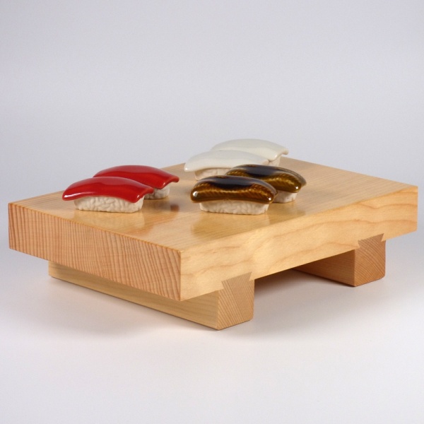 Rectangular Japanese serving stand with sushi models