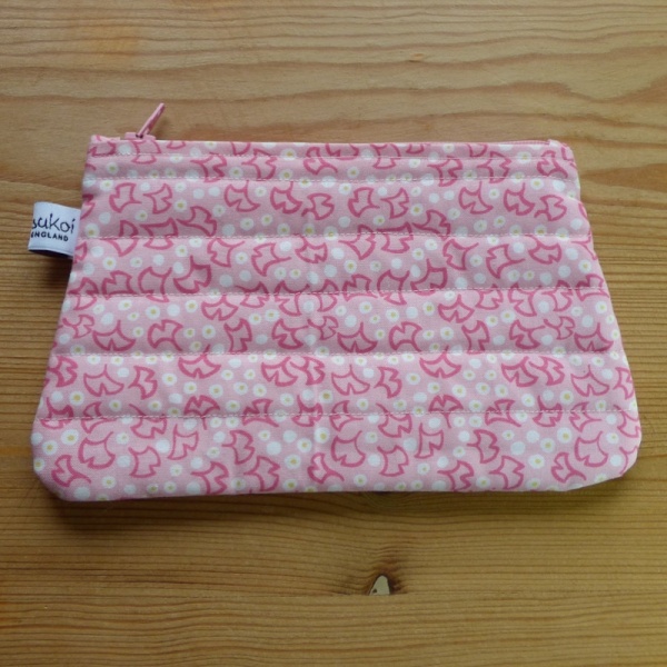 Zip makeup bag or pouch in pink ginkgo leaf pattern fabric