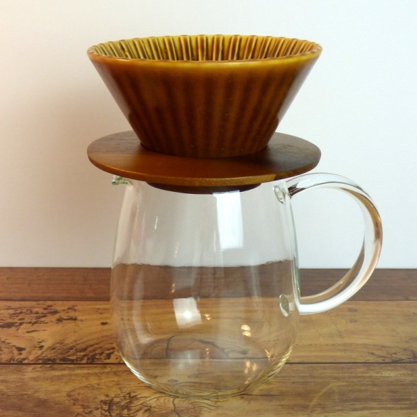 Pour over coffee jug and filter in caramel brown