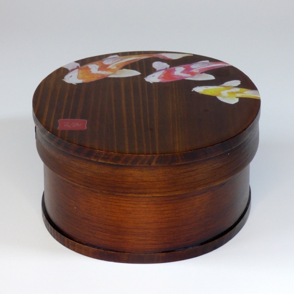 Wooden bento box with painted goldfish design lid