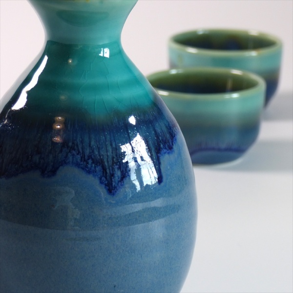 Close up of blue wash glaze on Japanese sake serving jug