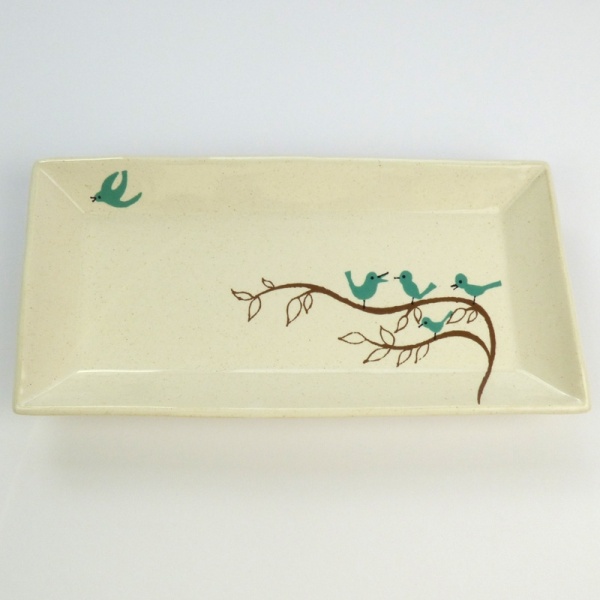 Rectangular serving plate with bluebird pattern by Shinzi Katoh