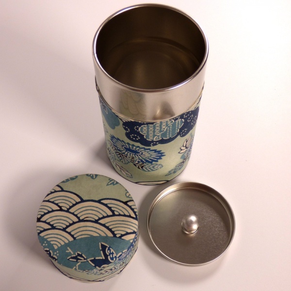 Tall washi paper tea caddy with lid removed