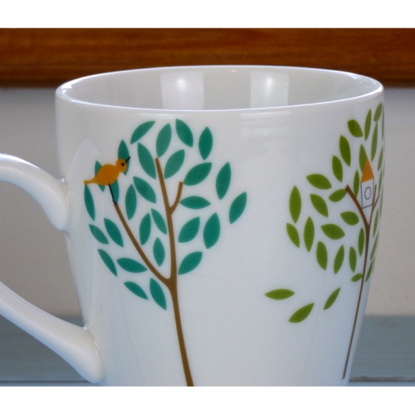 'Forest Birds' design cafe mug close up