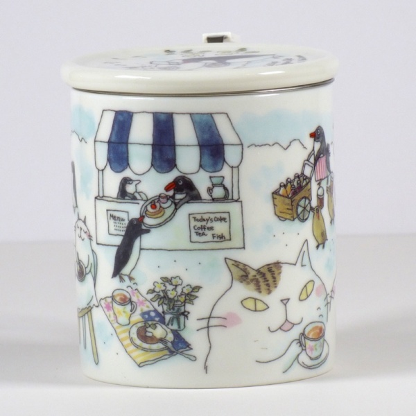 'Penguin Café' Cat Mug with Tea Strainer and Ceramid Lid