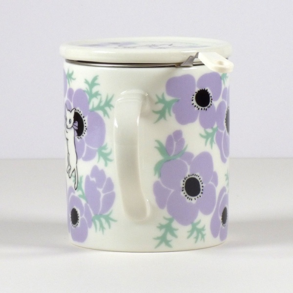 'Anemones' cat design tea mug with strainer and ceramic lid