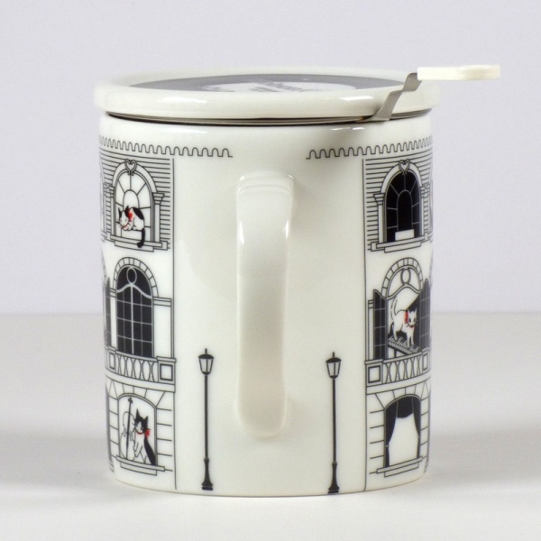 'Musical Villa' Cat design mug with tea strainer and ceramic lid