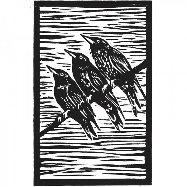 Linocut print by Kim Varley - 'Chattering'