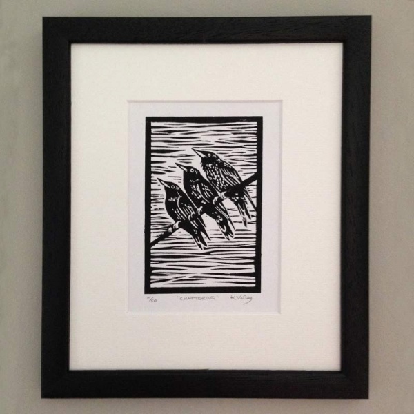 Linocut print by Kim Varley - 'Chattering'